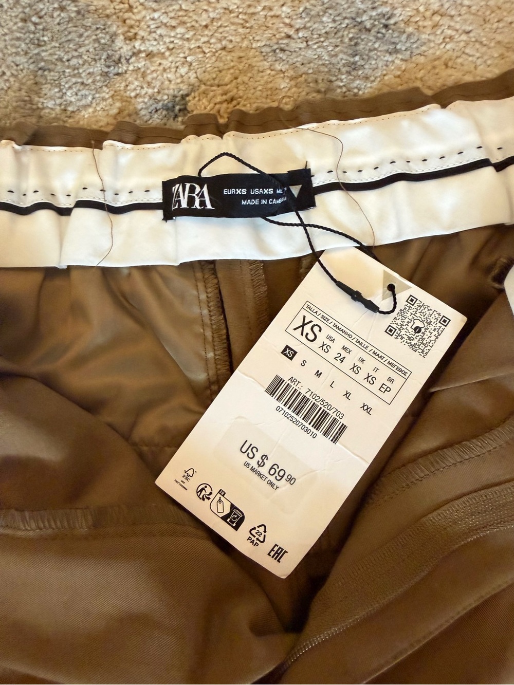 Zara Olive Green Trousers with White Elastic Waistband and Black Trim
